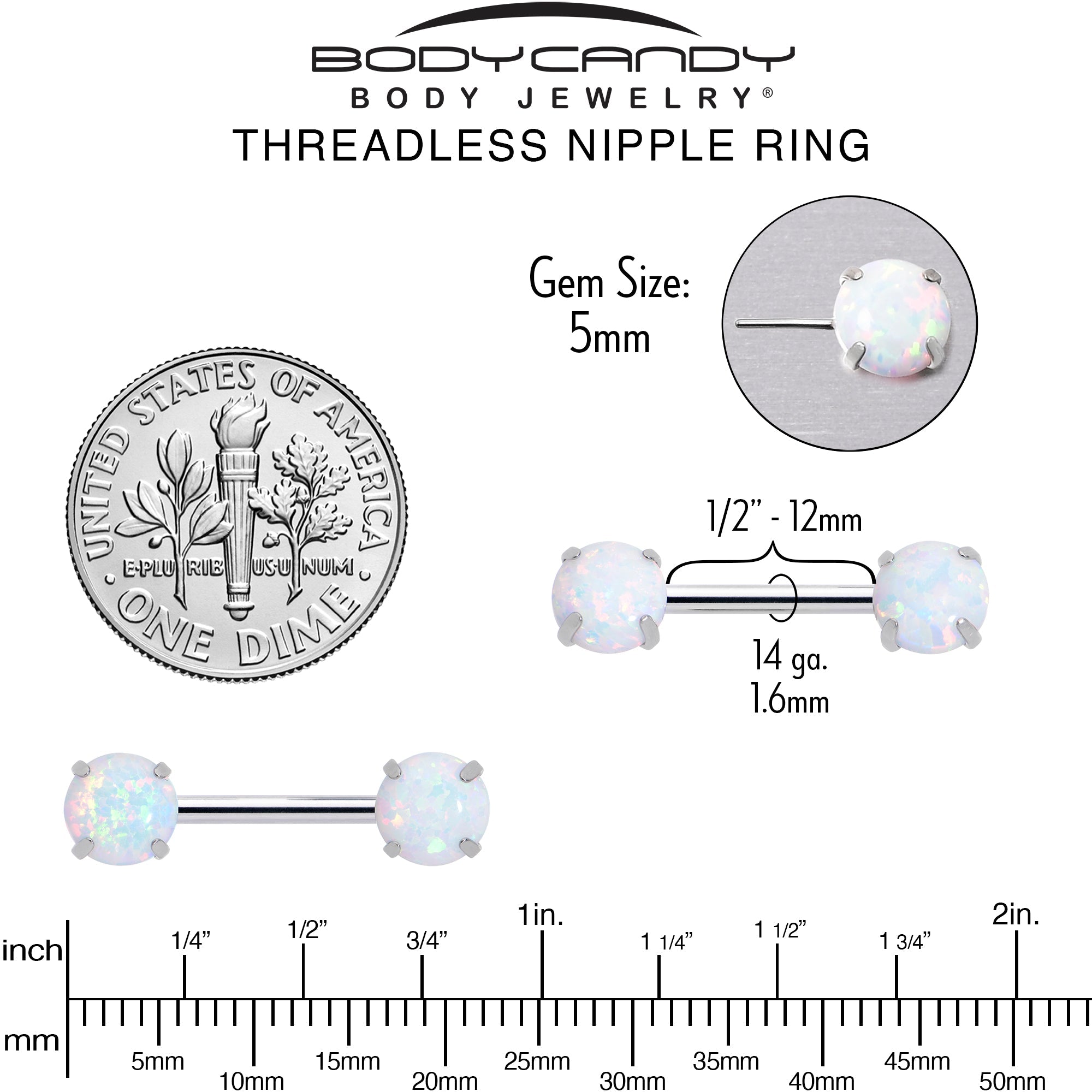 14G 1/2 White Synthetic Opal Threadless Barbell Nipple Ring Set