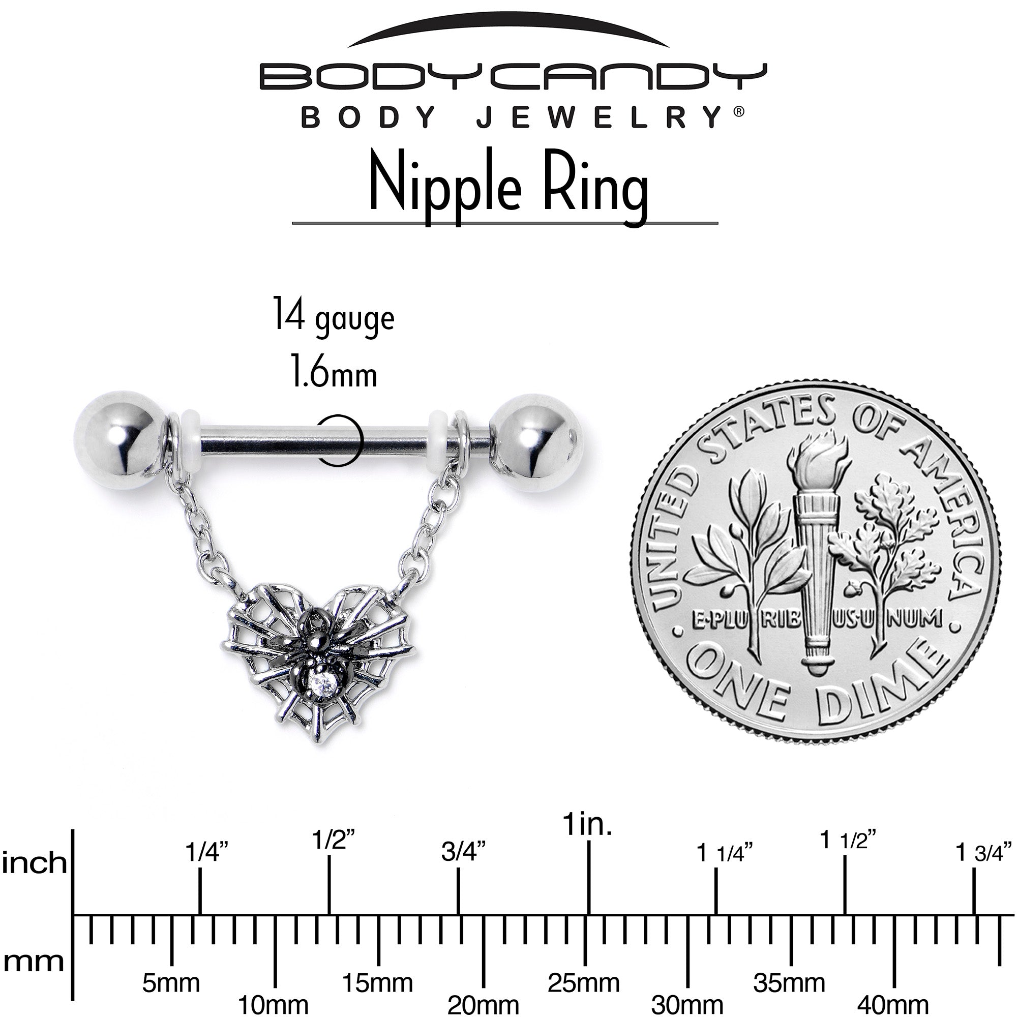 14G 9/16 Clear CZ Gem Heart of Spider Chain Dangle Nipple Ring Set