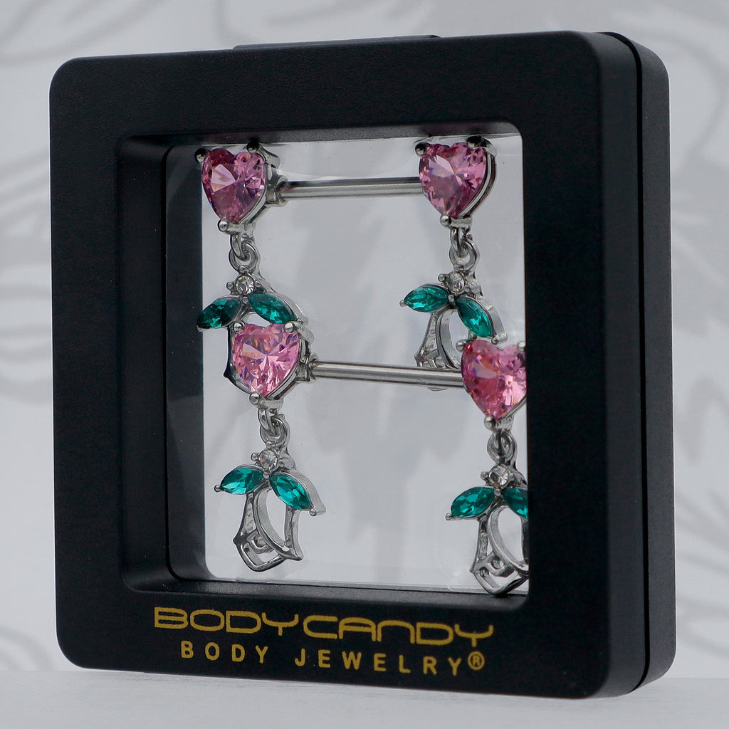 14G 9/16 Pink CZ Gem Hearts And Roses Dangle Nipple Ring Set