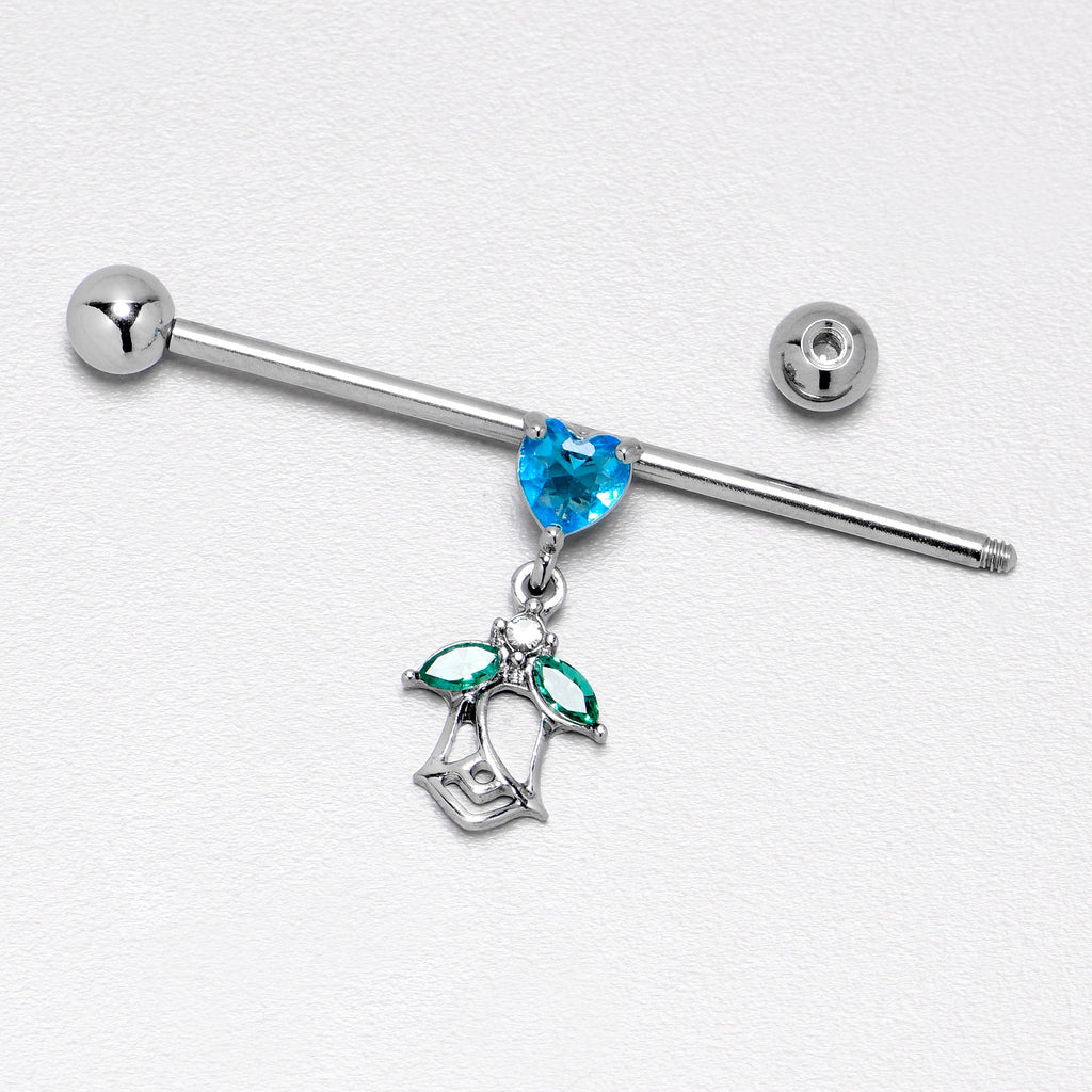 14G Blue CZ Gem Heart And Rose Dangle Industrial Barbell 38mm