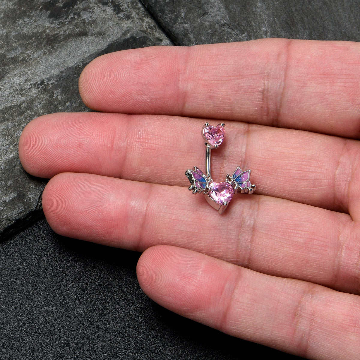 Pink CZ Gem Hearts Butterflies Purple Double Mount Belly Ring