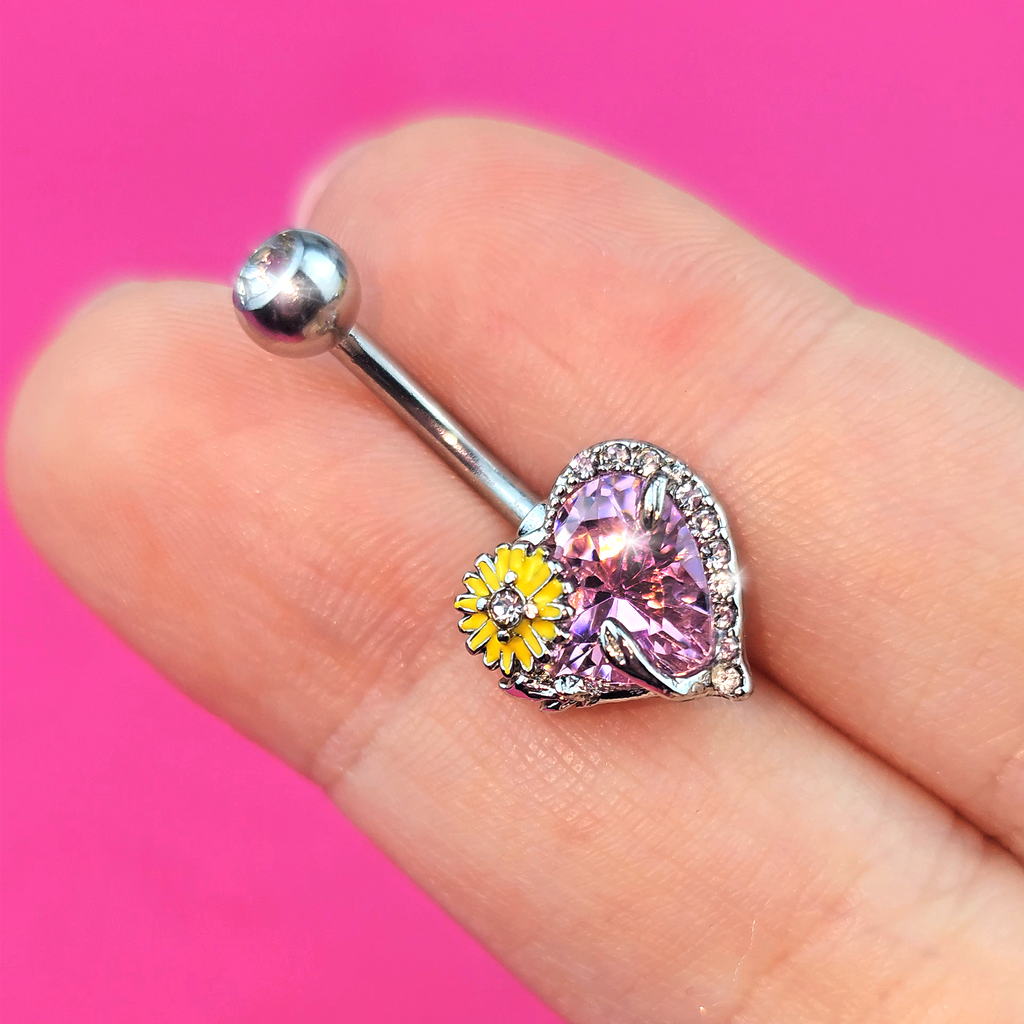 Pink Clear Gem Sunflower Heart Love Belly Ring