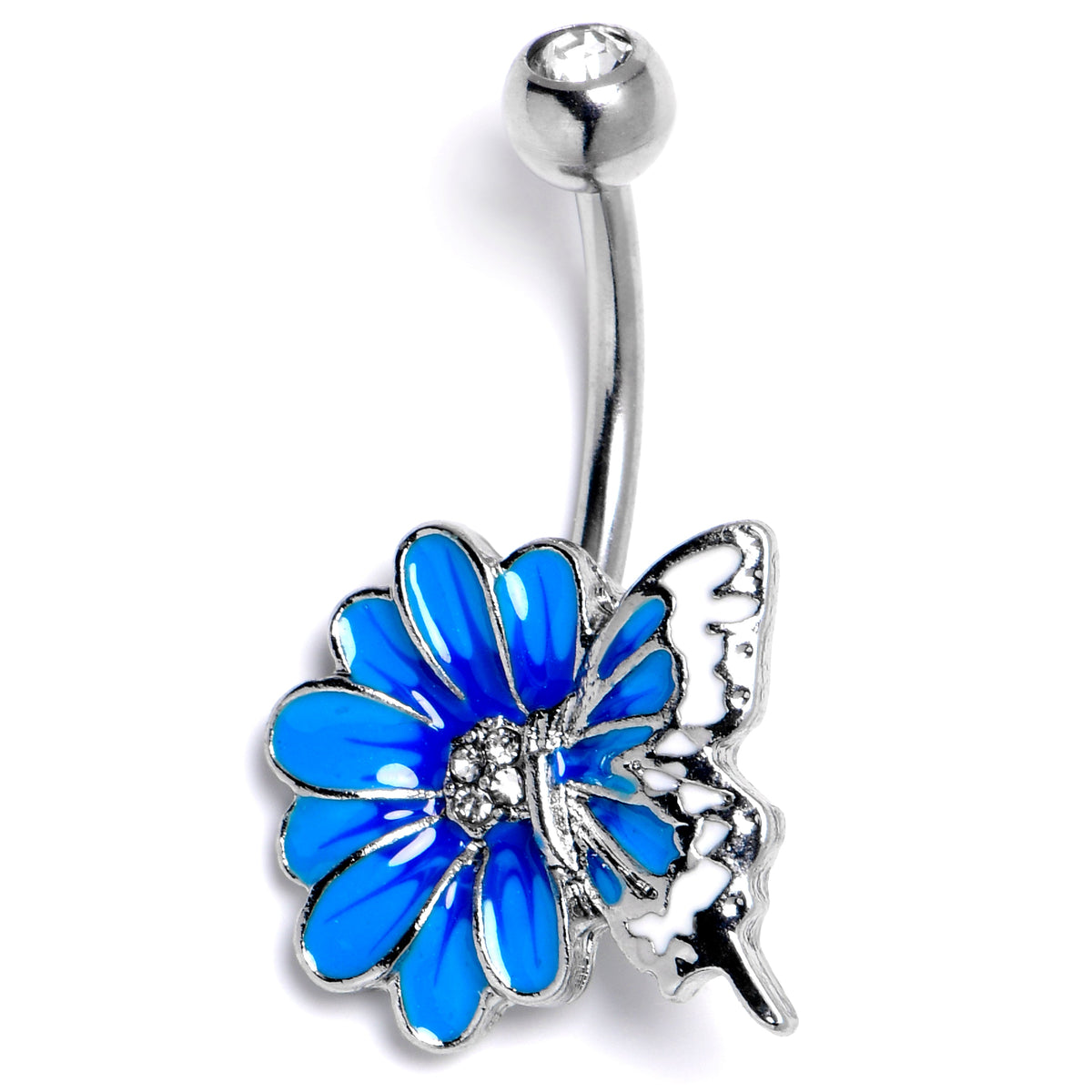 Clear CZ Gem Butterfly Blossom Blue White Belly Ring