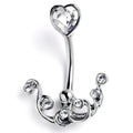 Clear Gem Heart Scrolling Elegance Double Mount Belly Ring