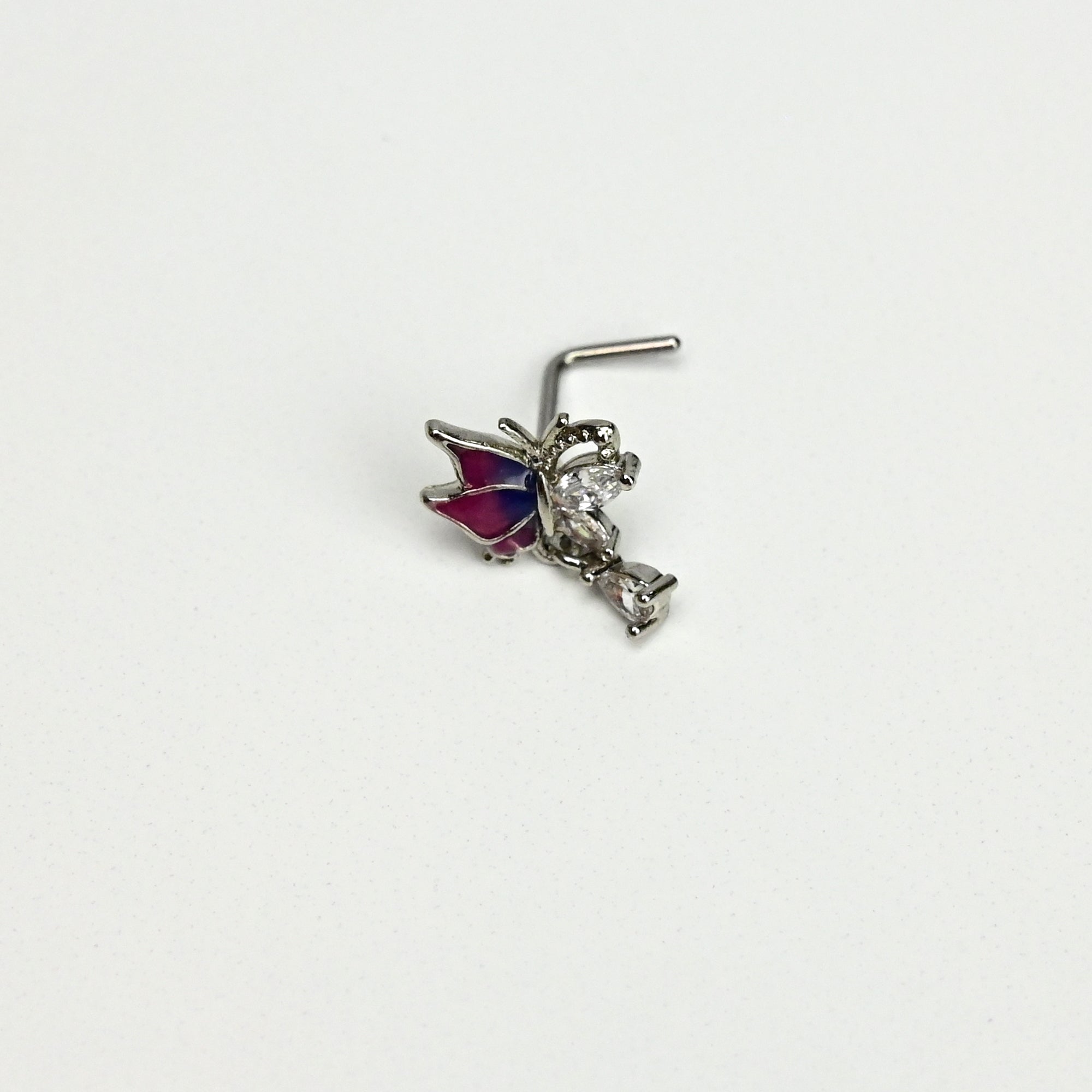 20G 7mm Clear Gem Purples Dazzling Butterfly L Shape Nose Ring