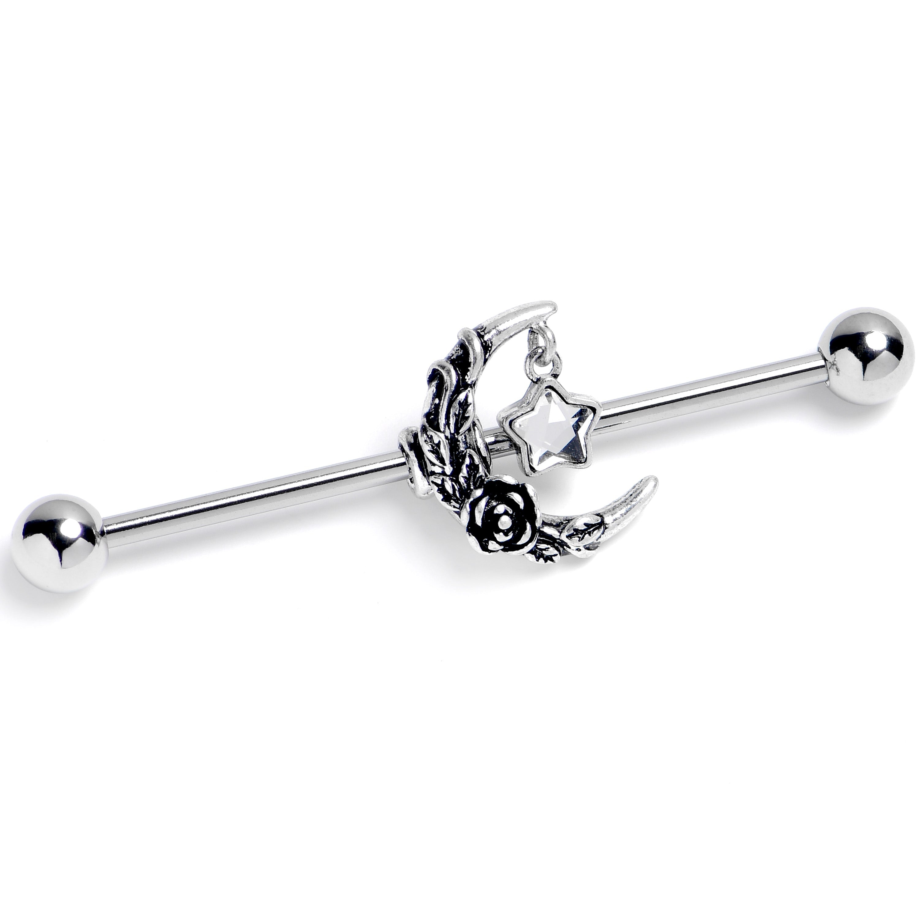 14G Clear Gem Ornate Moon Star Industrial Barbell 38mm