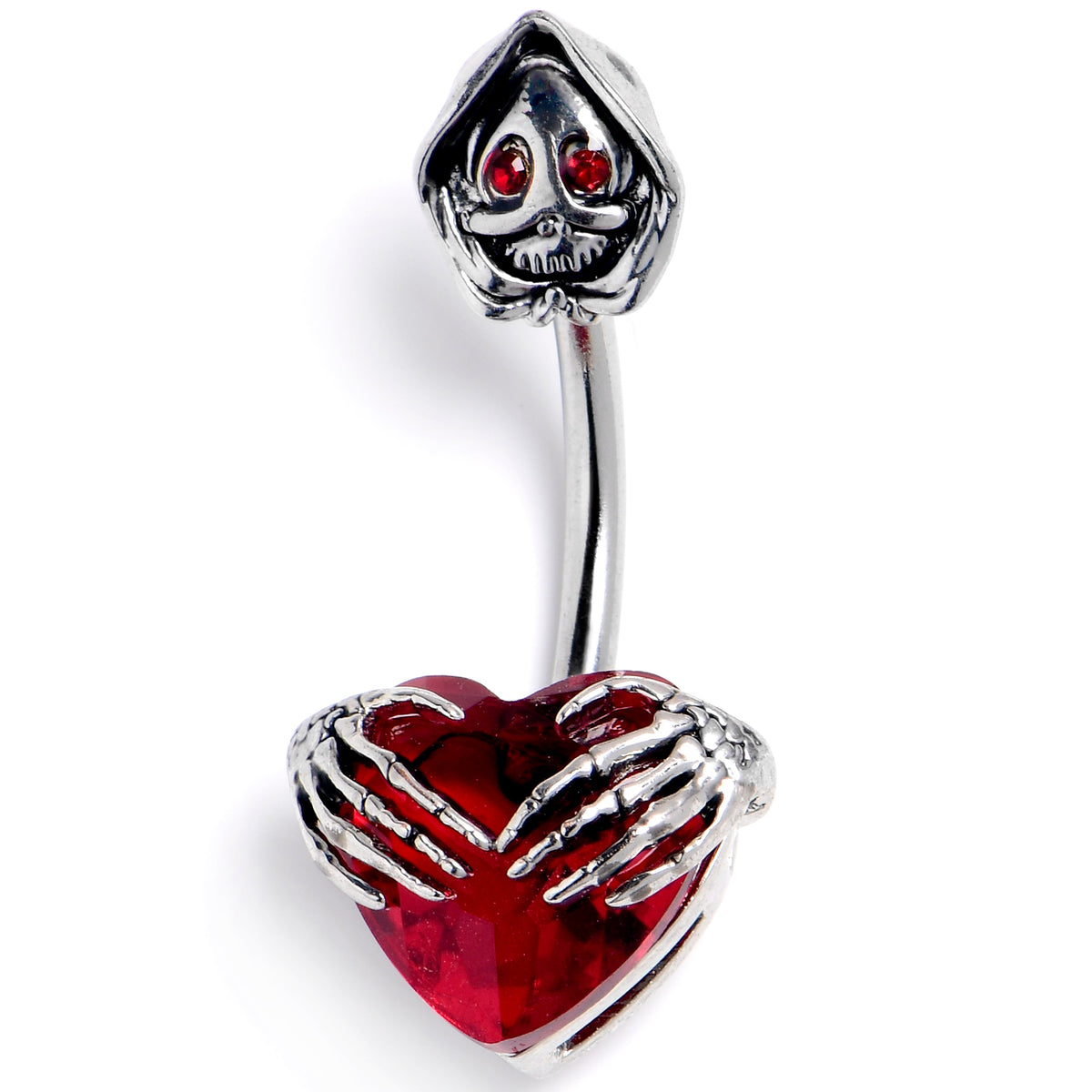Red Gem Grim Reaper Heart Double Mount Belly Ring