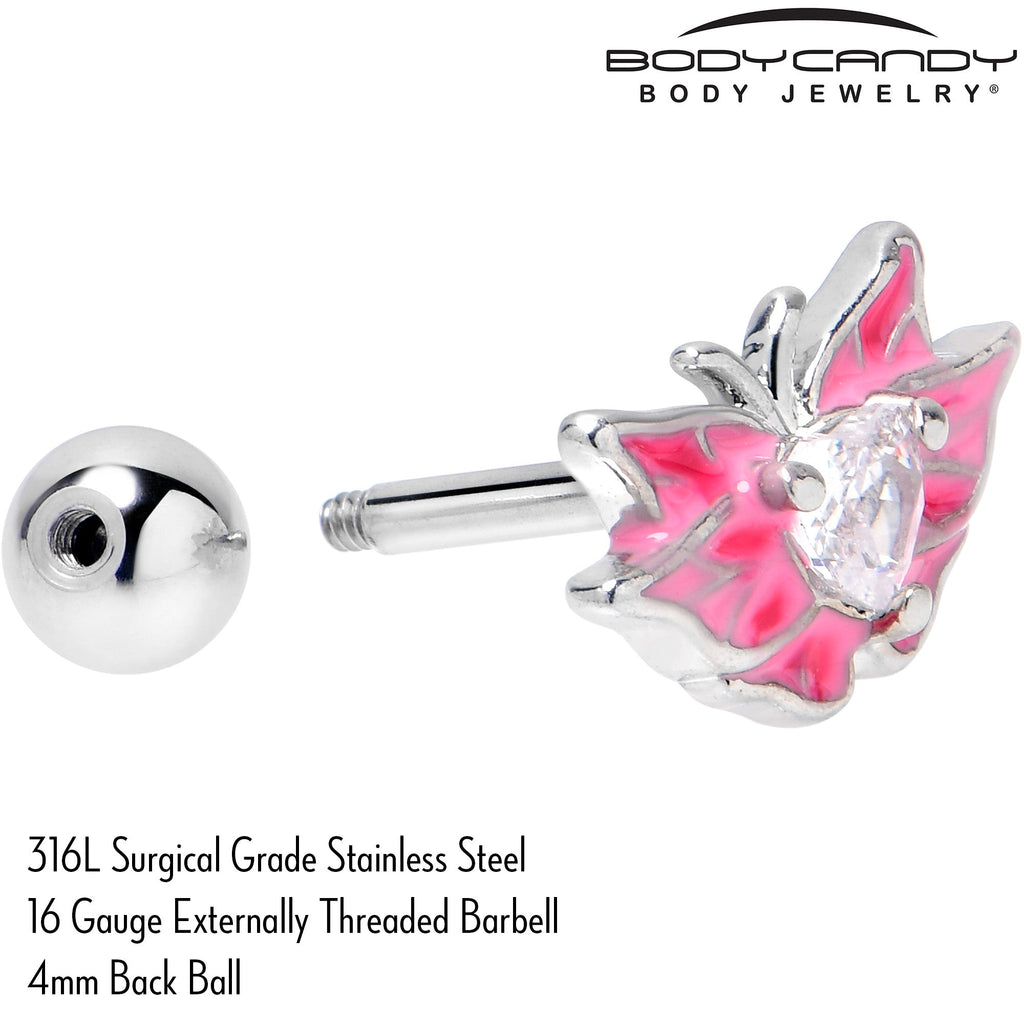 16G 1/4 Clear Gem Heart Pink Butterfly Cartilage Tragus Earring