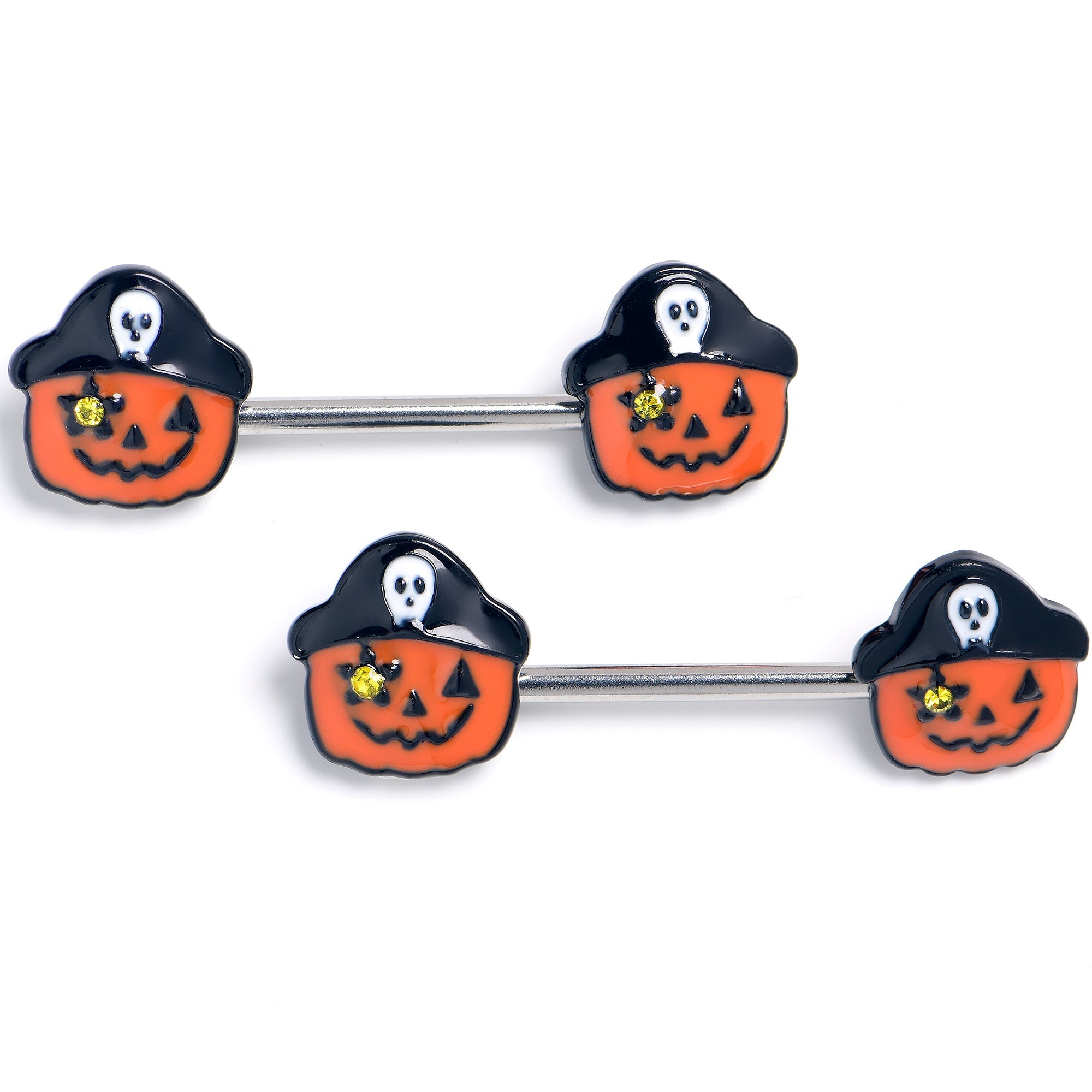 14G 9/16 Yellow Gem Orange Pirate Pumpkin Barbell Nipple Ring Set