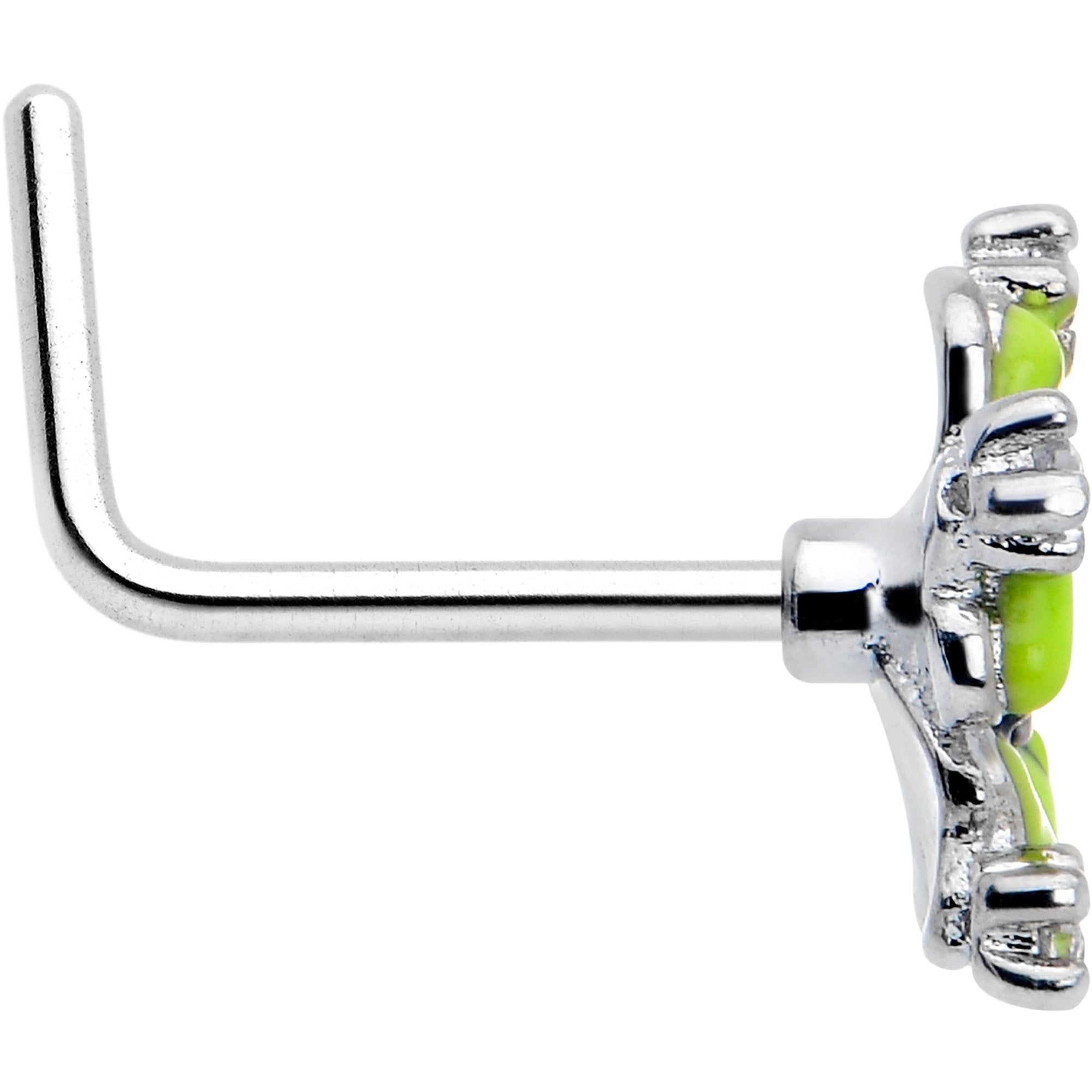 20G 7mm Clear CZ Gem Go Green Flower L Shape Nose Ring