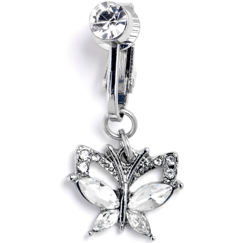 Clear CZ Gem Butterfly Bling Dangle Clip on Fake Belly Ring
