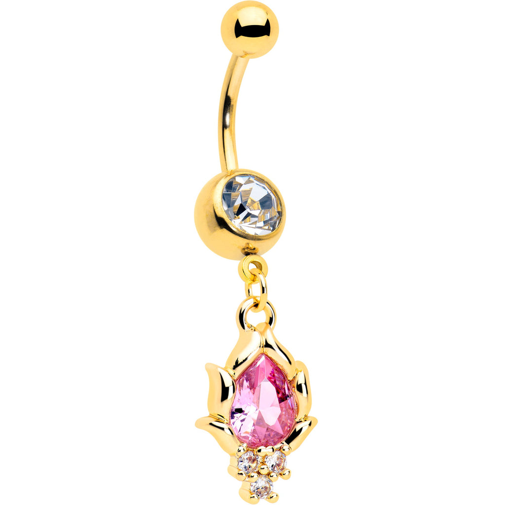 Pink CZ Gem Gold Tone Style Fire Dangle Belly Ring