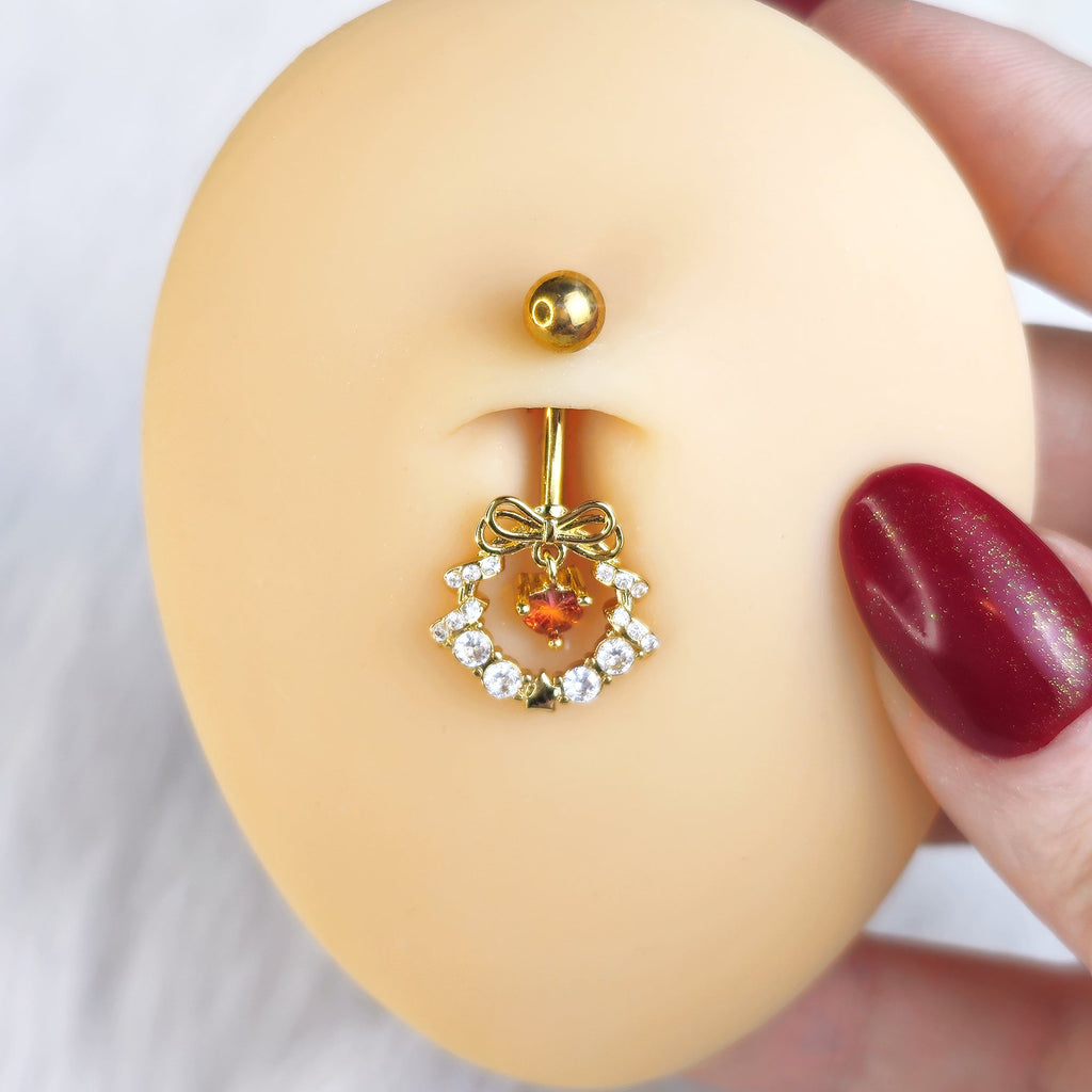 Clear Red CZ Gem Gold Tone Heart Wreath of Love Belly Ring