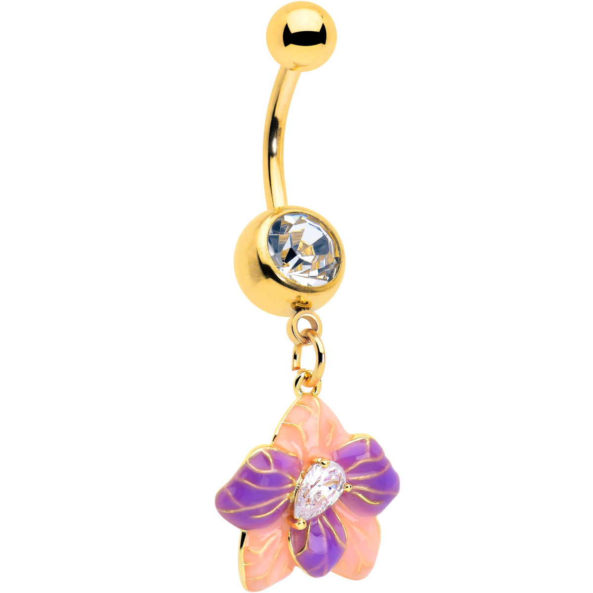 Clear Gem Gold Tone Pastel Flower Dangle Belly Ring