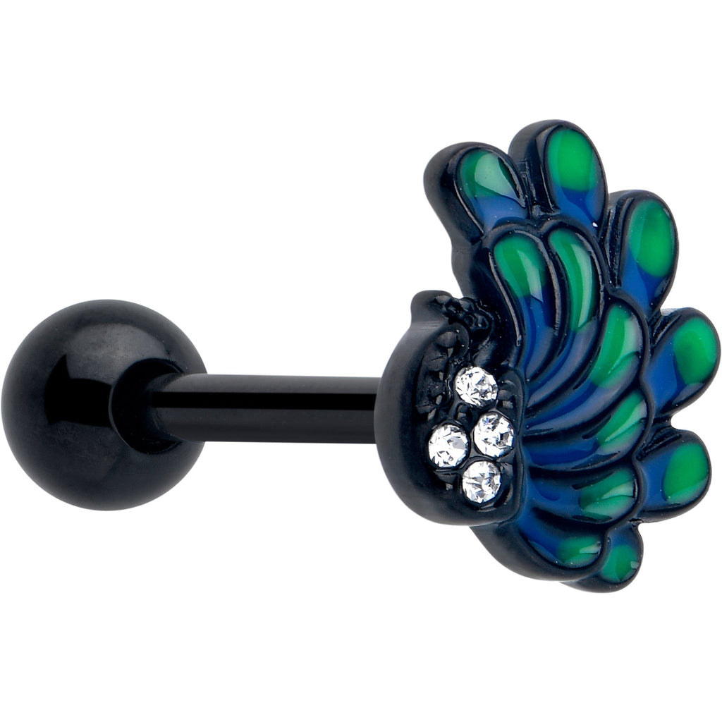 Clear Gem Black Peacock Green Barbell Tongue Ring