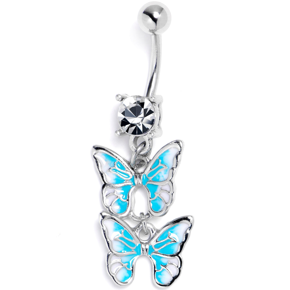Clear CZ Gem Butterfly Duo Blue Dangle Belly Ring