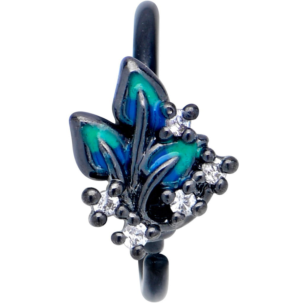 20G 5/16 Clear CZ Gem Black Lush Leaves Nose Hoop