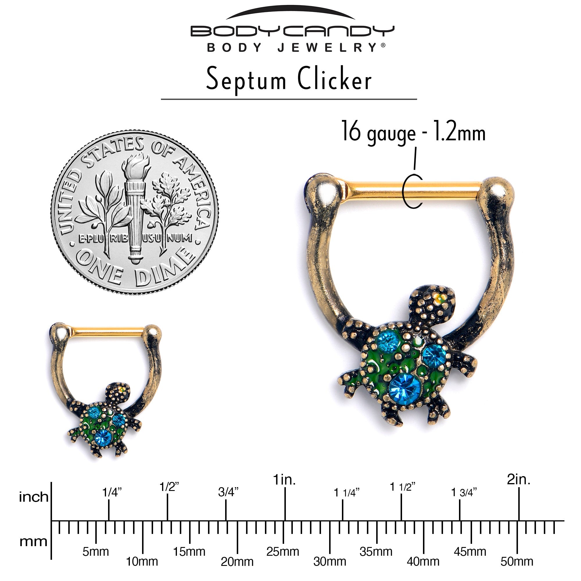 16G 5/16 Blue Gem Gold Tone Sweet Sea Turtle Cartilage Clicker