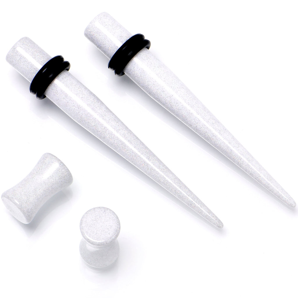 White Acrylic Shimmer Finish Taper Plug Set 6mm to 20mm Sizes