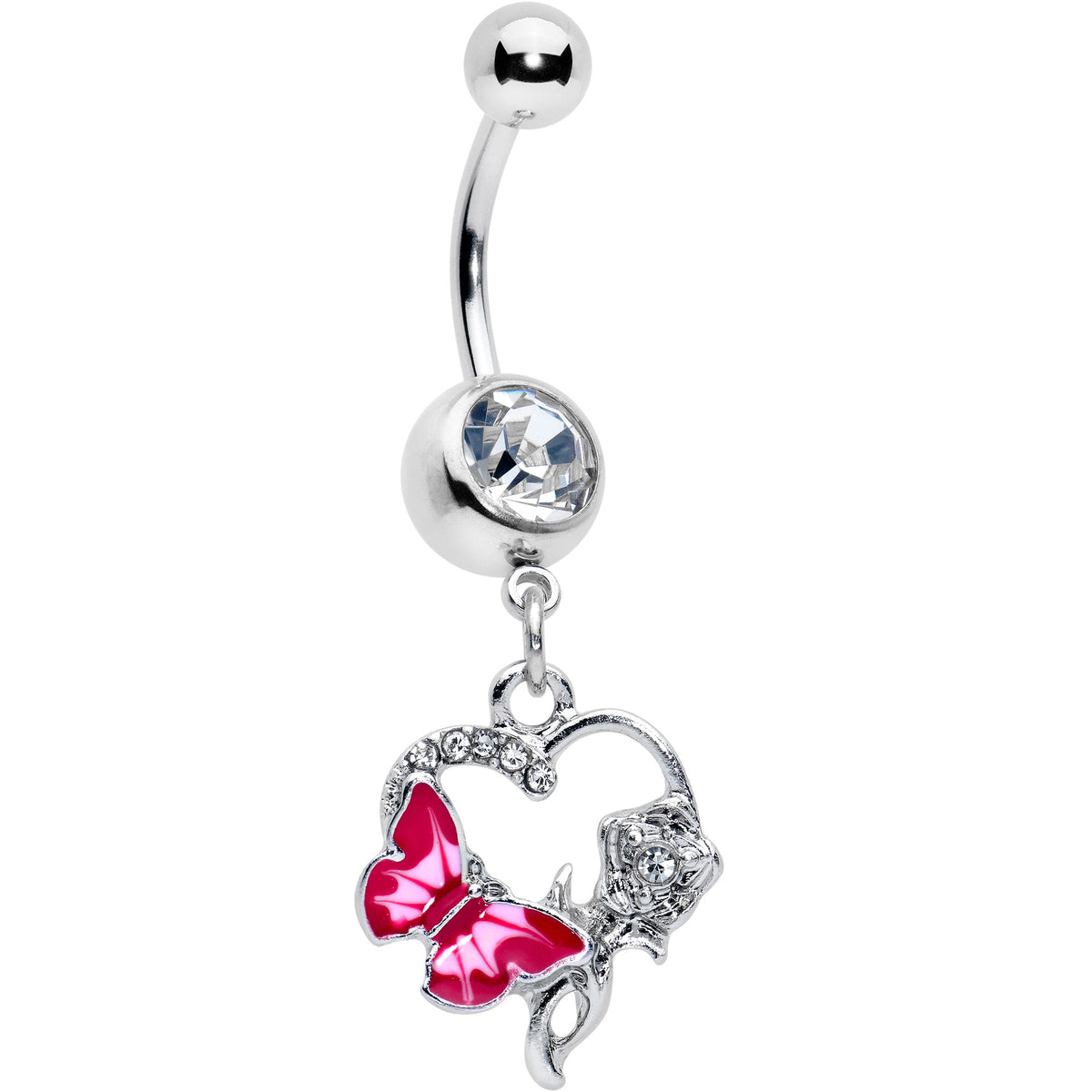 Clear Gem Butterfly Rose Flower Pink Dangle Belly Ring
