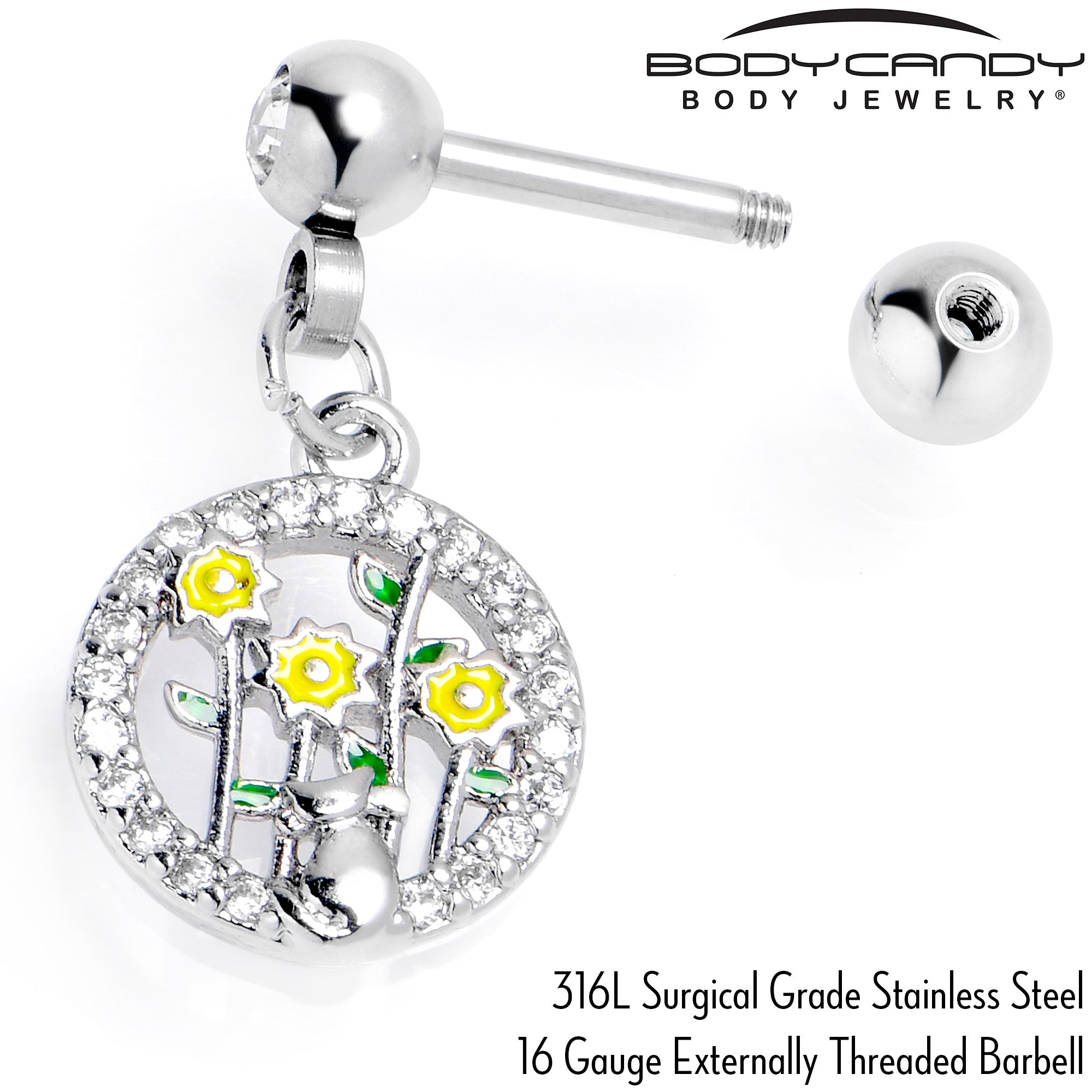 16G 1/4 Clear Gem Cat Yellow Flowers Dangle Cartilage Earring