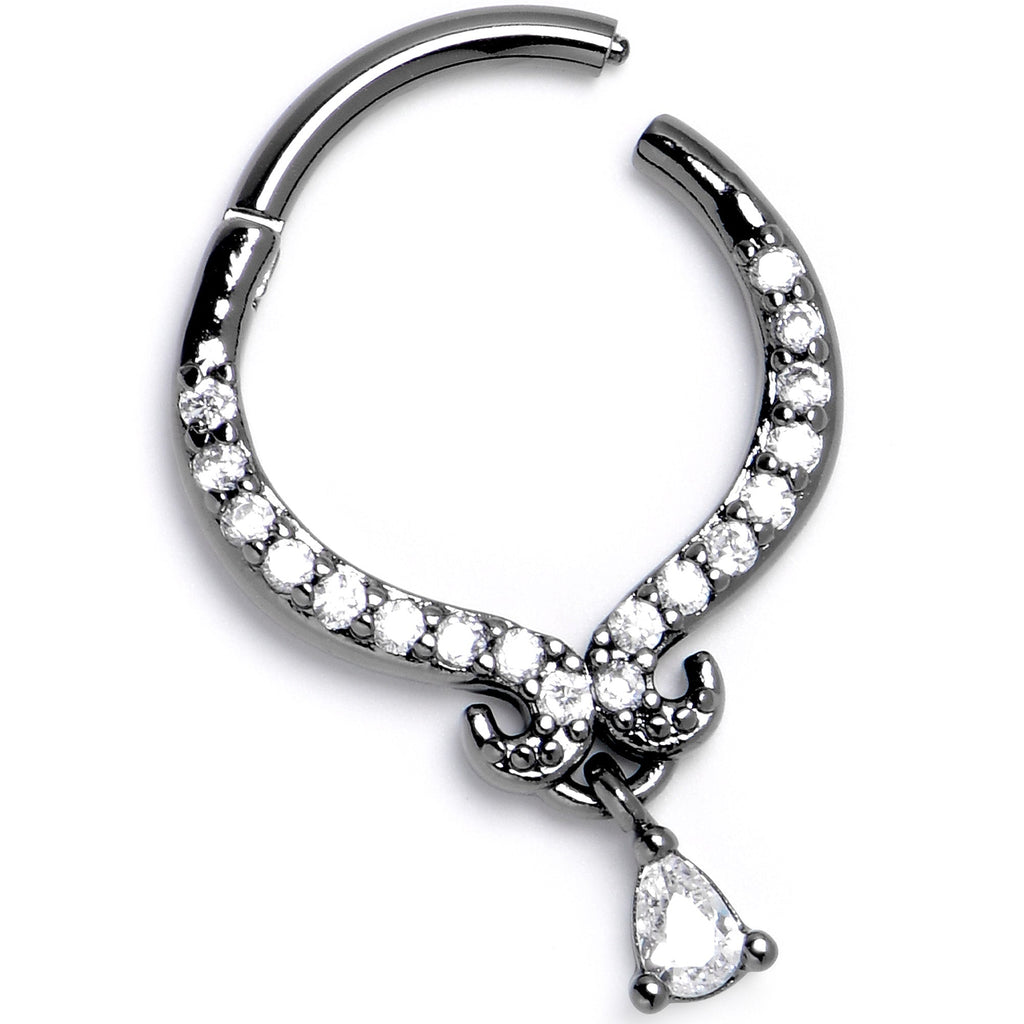 16G 3/8 Clear CZ Gem Black Elegant Curves Hinged Segment Ring
