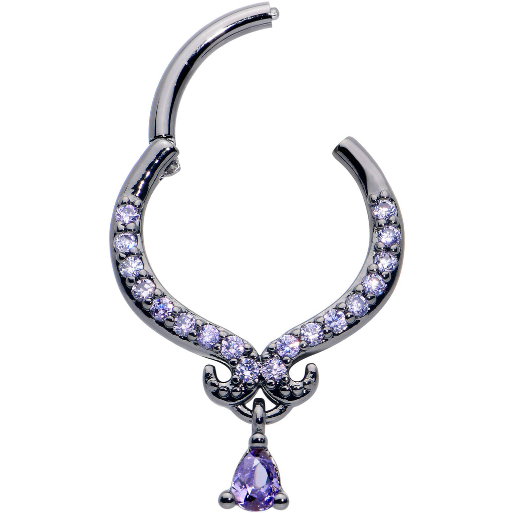 16G 3/8 Purple CZ Gem Black Elegant Curves Dangle Hinged Segment Ring