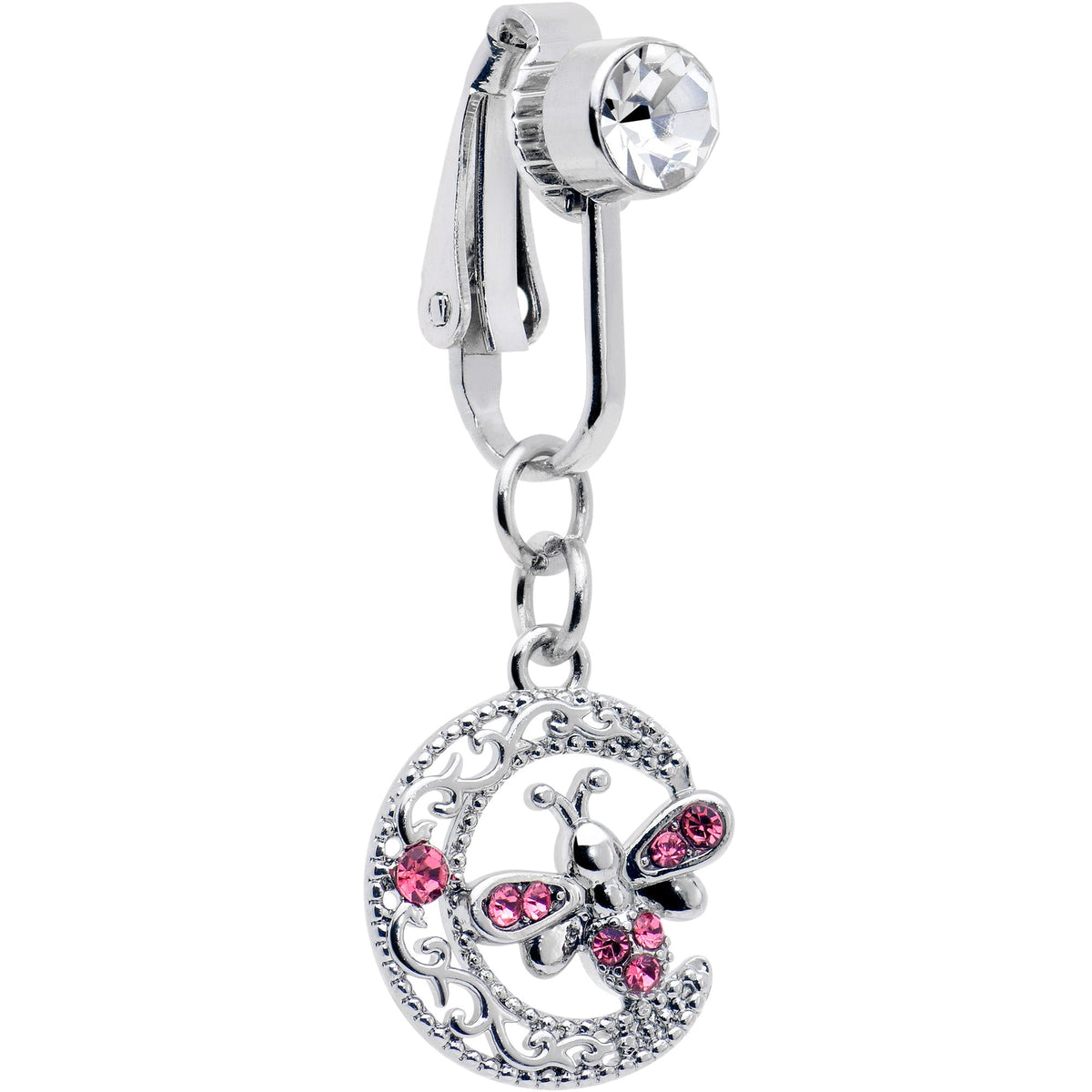 Pink Gem Lunar Dragonfly Fake Clip On Belly Ring