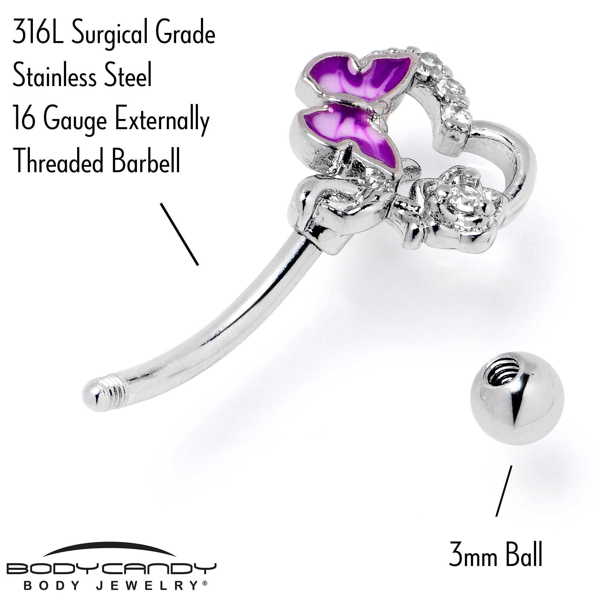 16G 5/16 Clear CZ Gem Butterfly Rose Purple Curved Eyebrow Ring