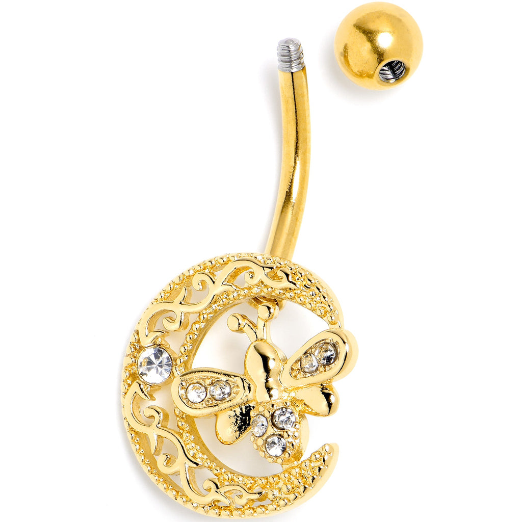 Clear Gem Gold Tone Lunar Dragonfly Belly Ring