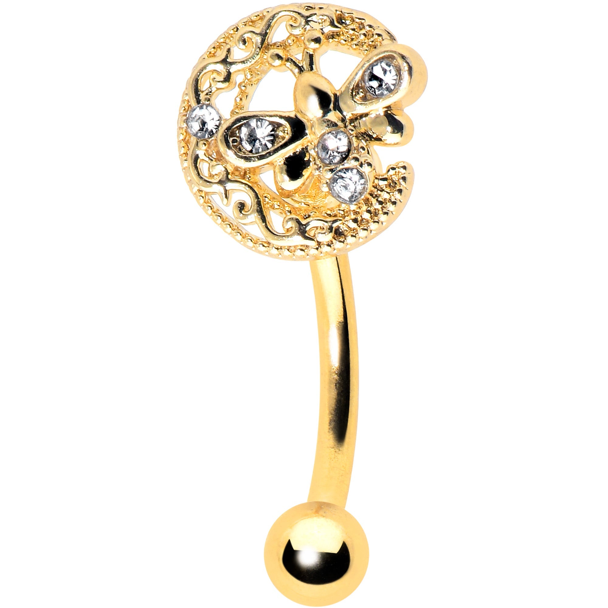 16G 5/16 Clear Gem Gold Tone Lunar Dragonfly Curved Eyebrow Ring