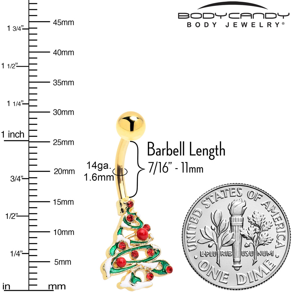 Red Gem Gold Tone Snowy Christmas Tree Holiday Belly Ring