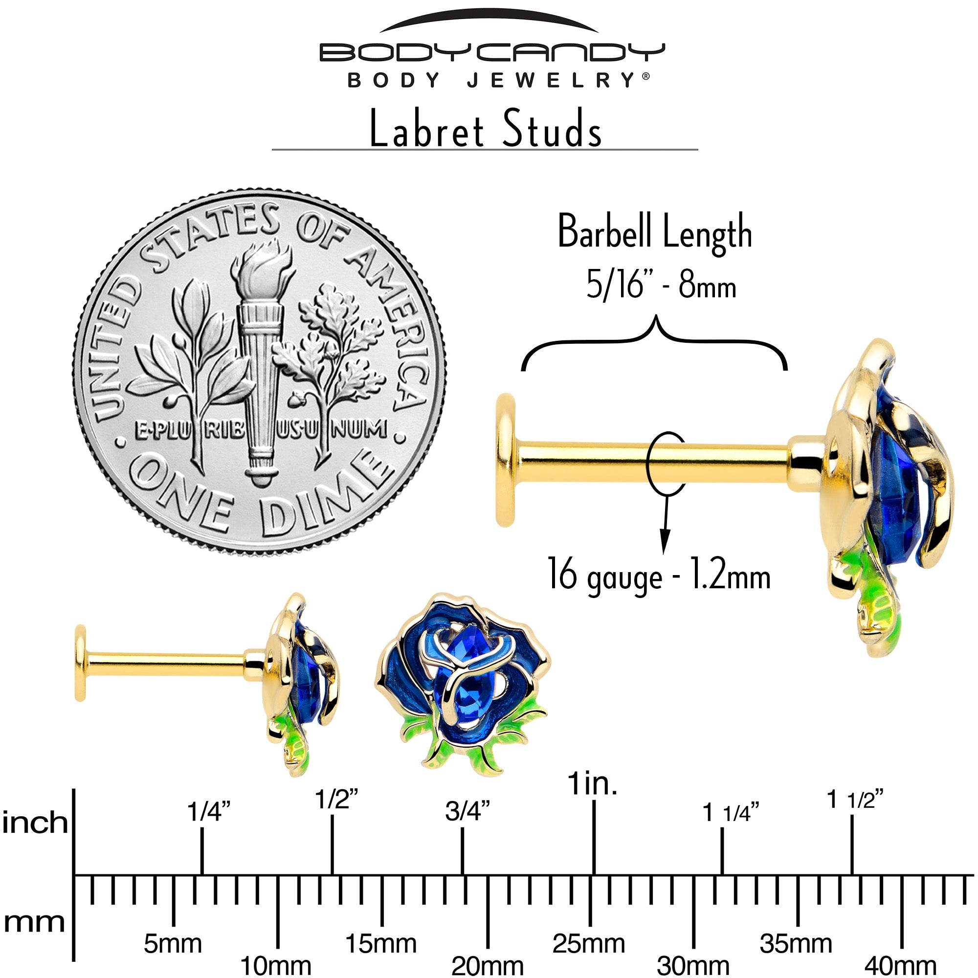 16G 5/16 Blue Gem Gold Tone Deep Blue Flower Labret Monroe Tragus