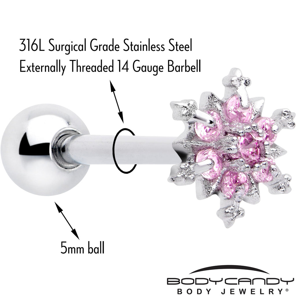 Pink CZ Gem Snowflake Glam Barbell Tongue Ring