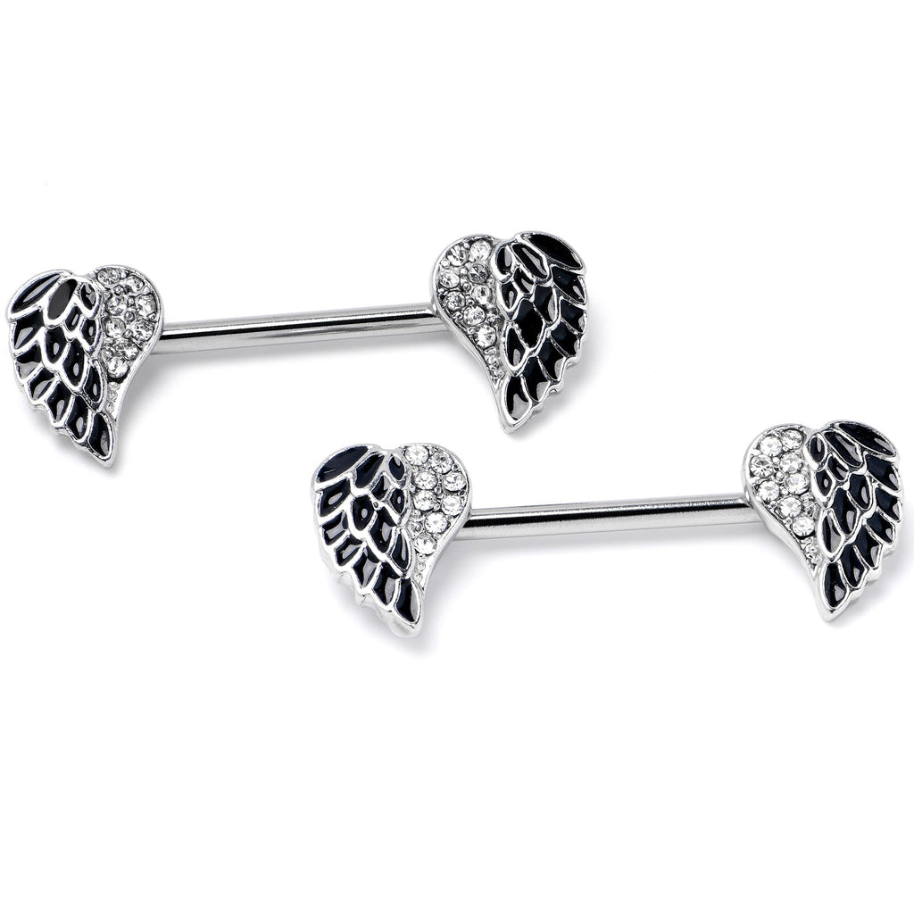 14G 9/16 Clear Gem Heavenly Heart Angel Wing Black Nipple Ring Set
