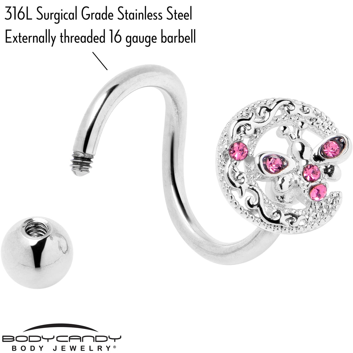 Pink Gem Lunar Dragonfly Spiral Twister Belly Ring