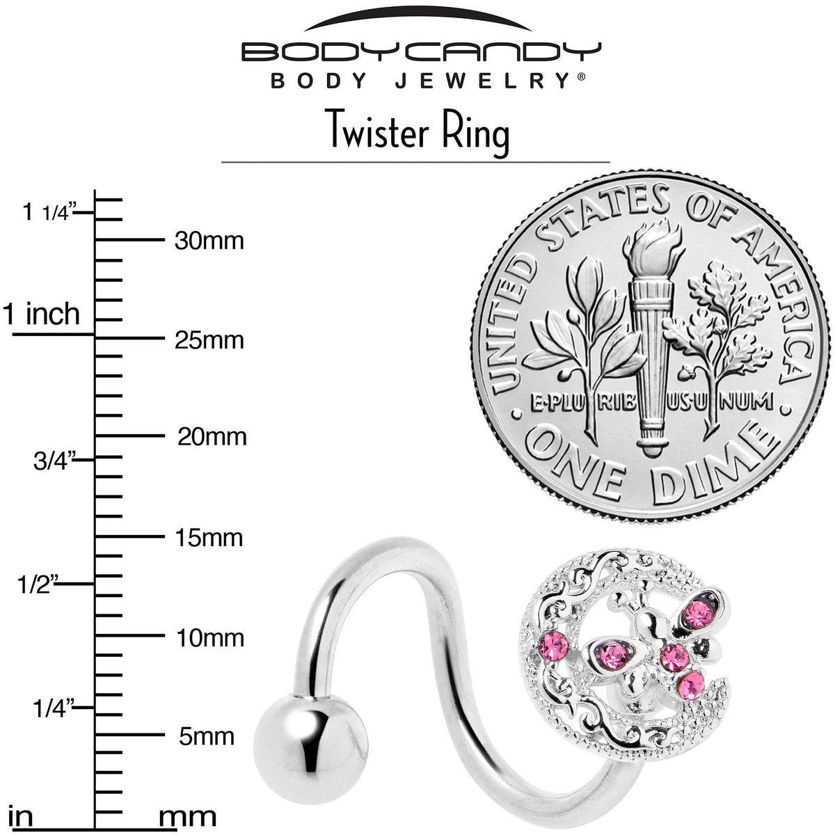 Pink Gem Lunar Dragonfly Spiral Twister Belly Ring