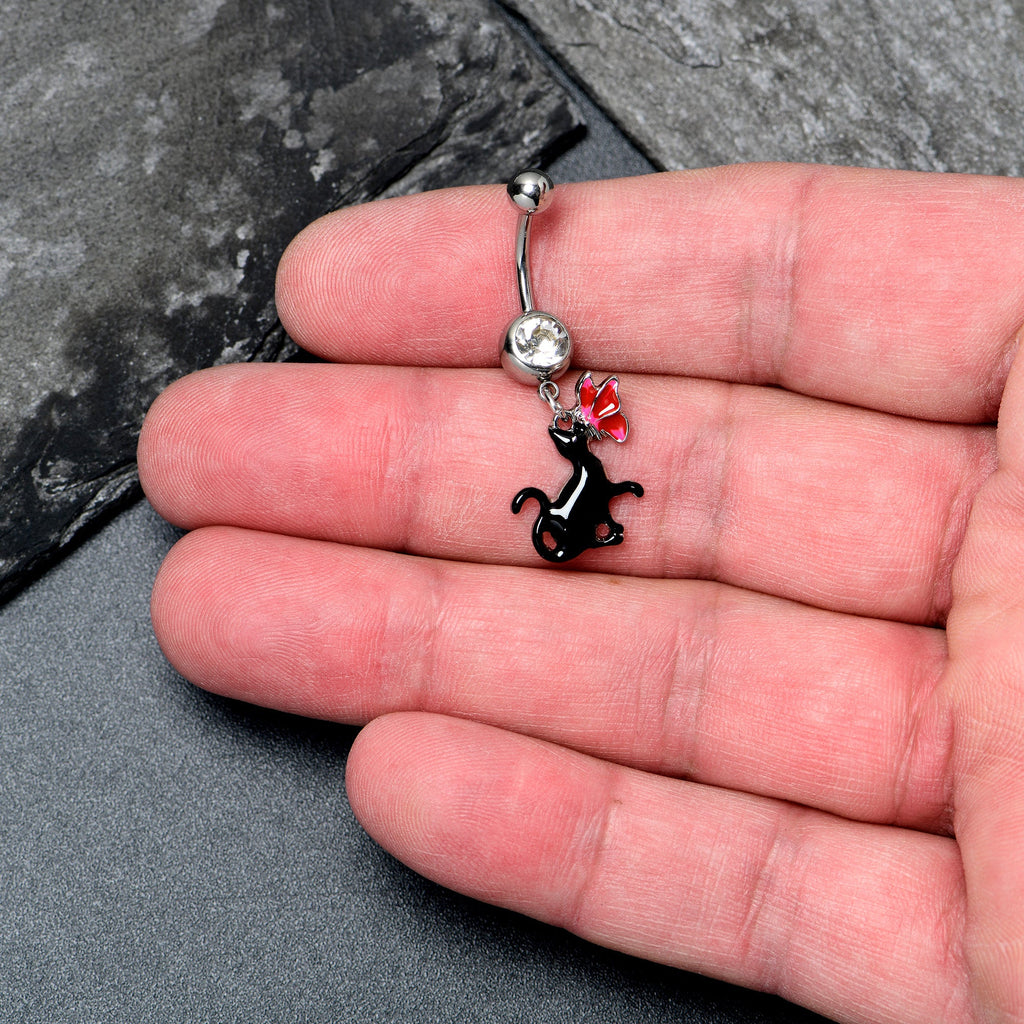 Clear Gem Butterfly Black Cat Dangle Belly Ring