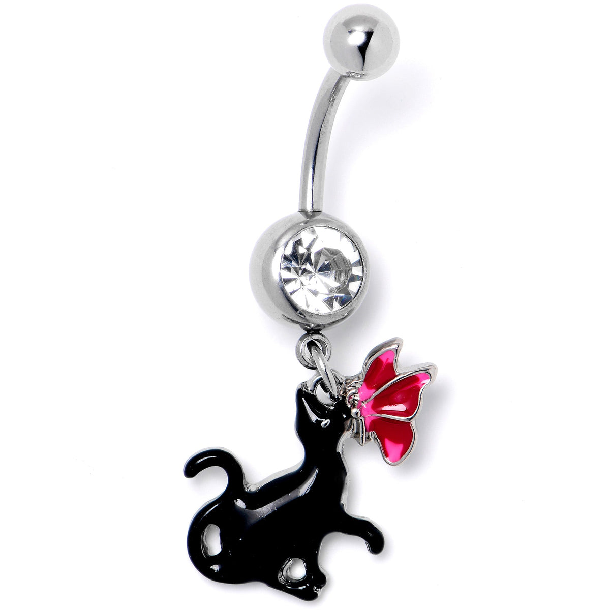 Clear Gem Butterfly Black Cat Dangle Belly Ring