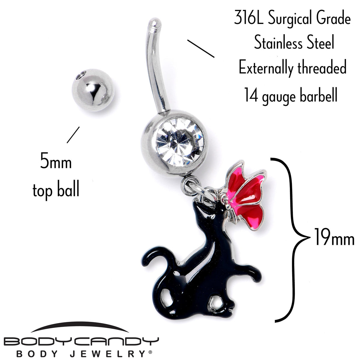 Clear Gem Butterfly Black Cat Dangle Belly Ring