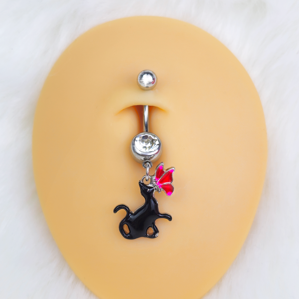 Clear Gem Butterfly Black Cat Dangle Belly Ring