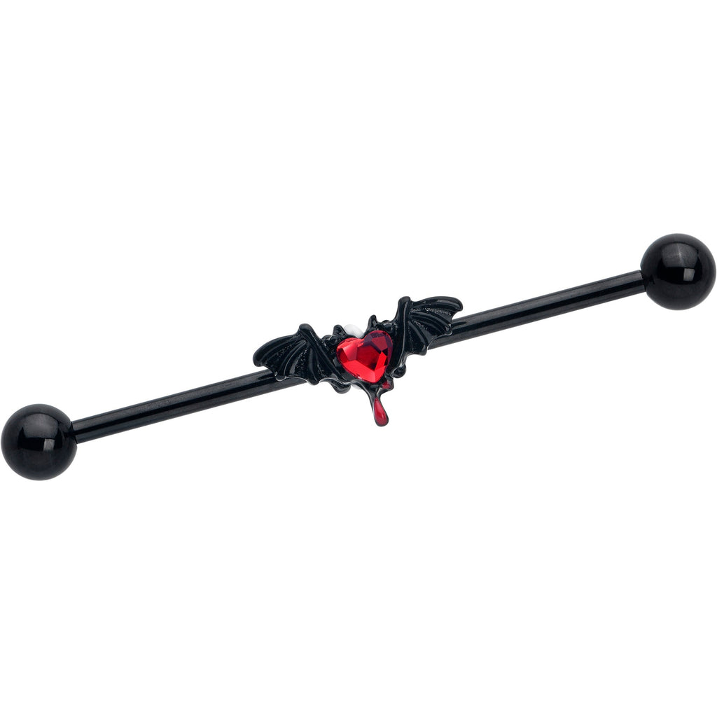 14G Red Gem Black Bleeding Heart Bat Industrial Barbell 38mm