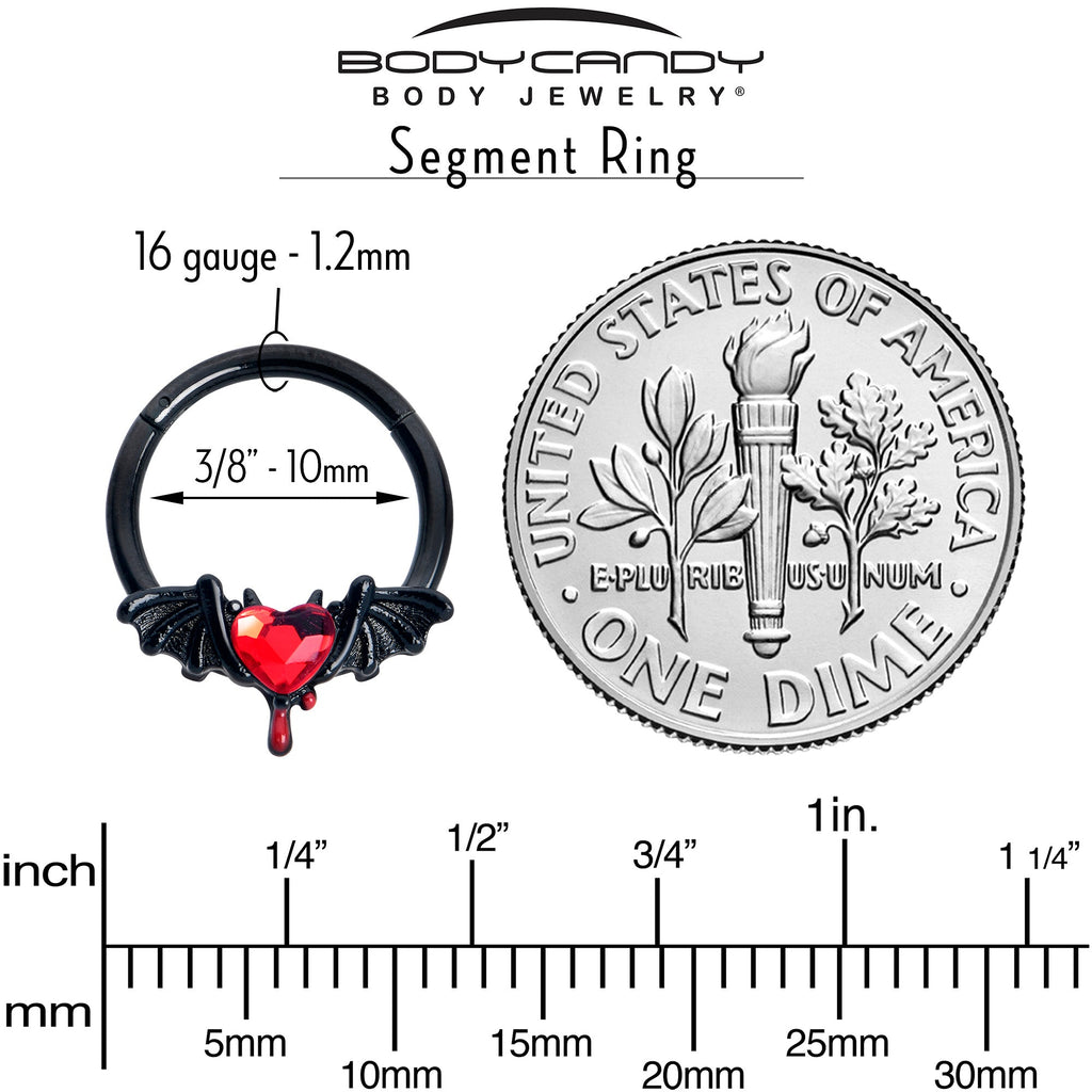 16G 3/8 Red Gem Black Bleeding Heart Bat Hinged Segment Ring