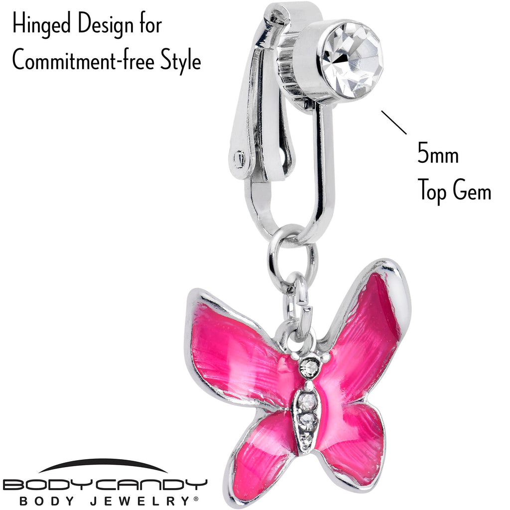 Clear Gem Chunky Butterfly Pink Clip On Fake Belly Ring