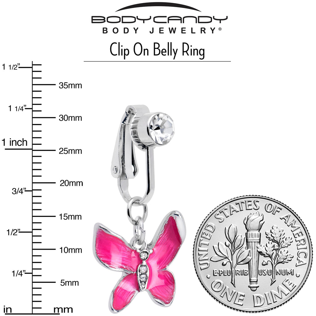Clear Gem Chunky Butterfly Pink Clip On Fake Belly Ring