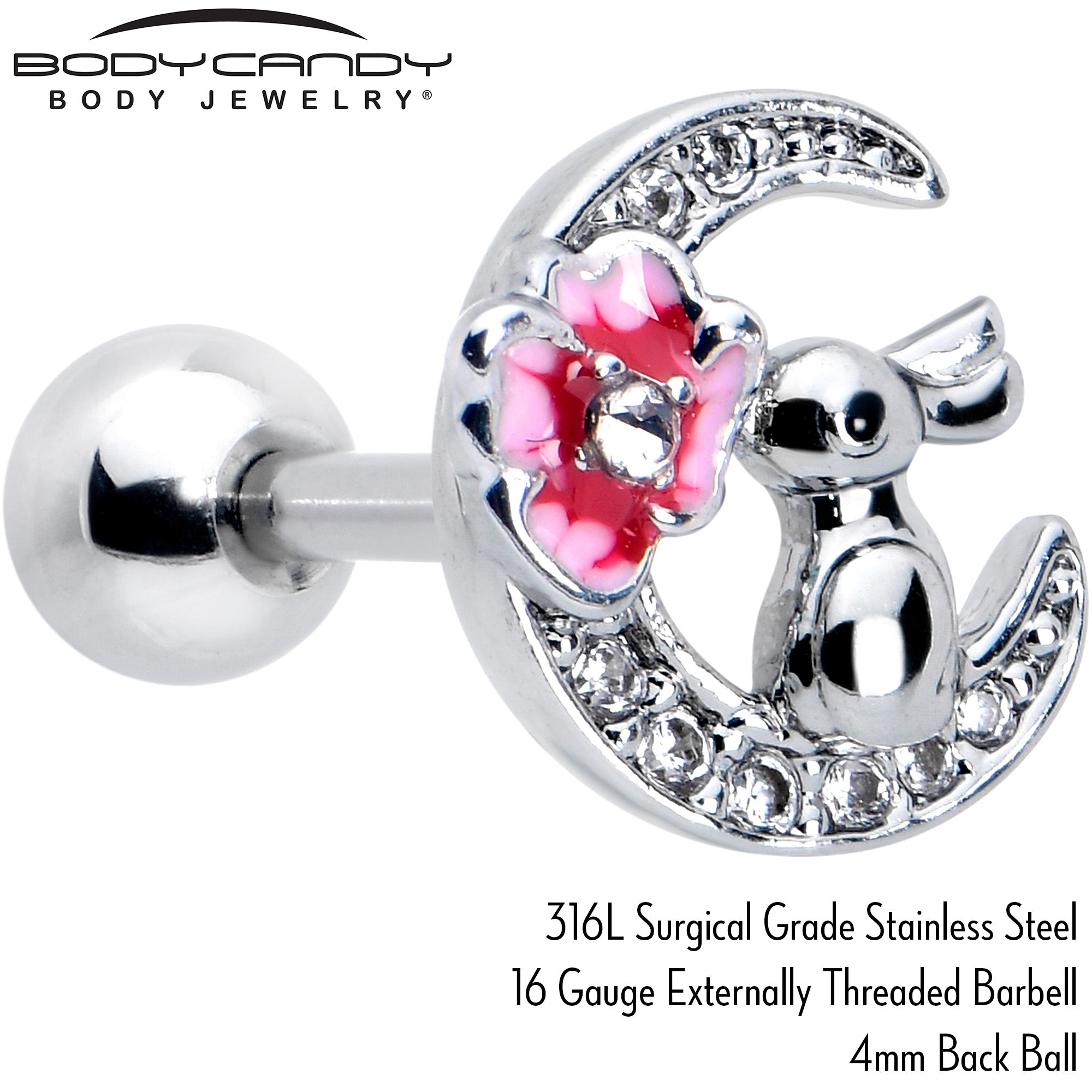 16G 1/4 Clear CZ Gem Rabbit on the Moon Pink Cartilage Earring