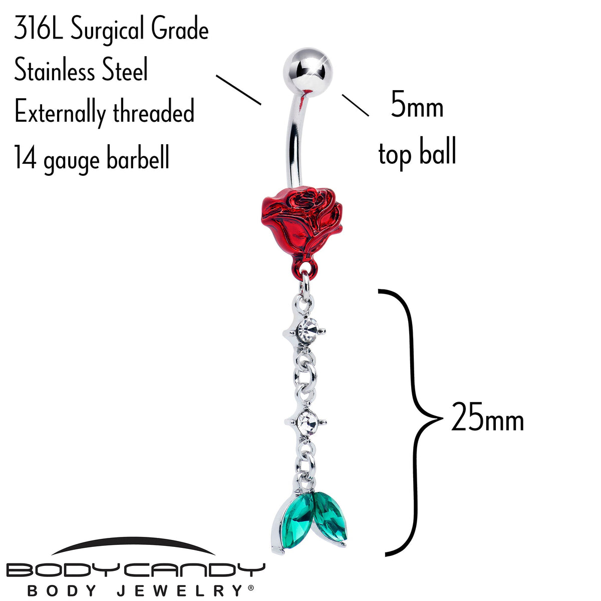 Green Clear Gem Rose Red Chain Dangle Belly Ring