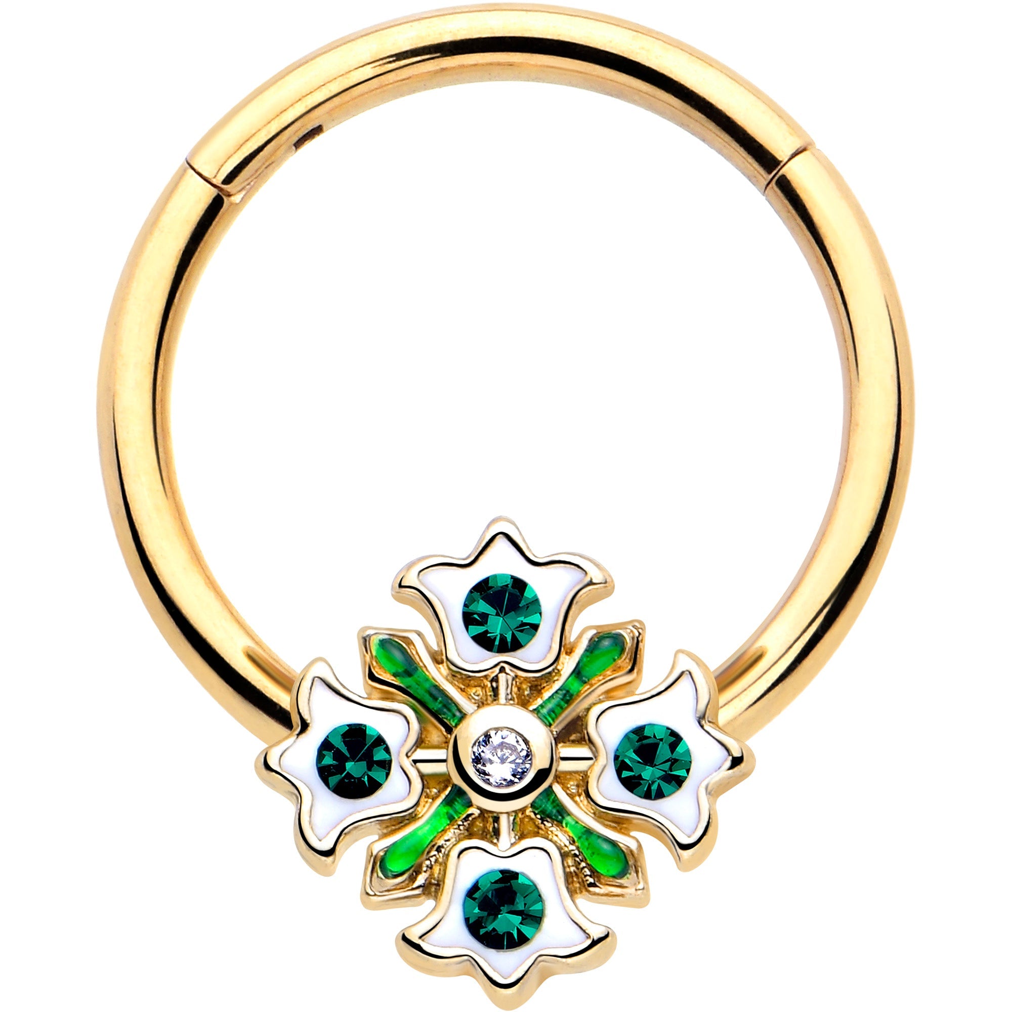 16G 3/8 Green Gem Gold Tone Flower Wreath Hinged Segment Ring