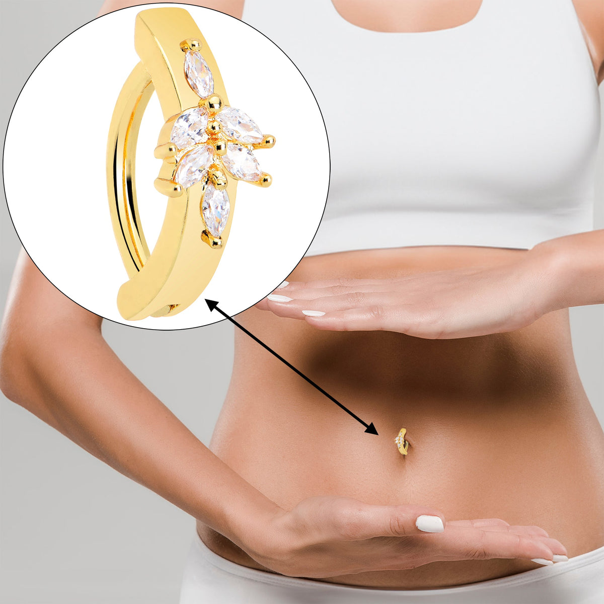 Clear CZ Gem Gold Tone Beauty Branch Hinged Hoop Belly Ring