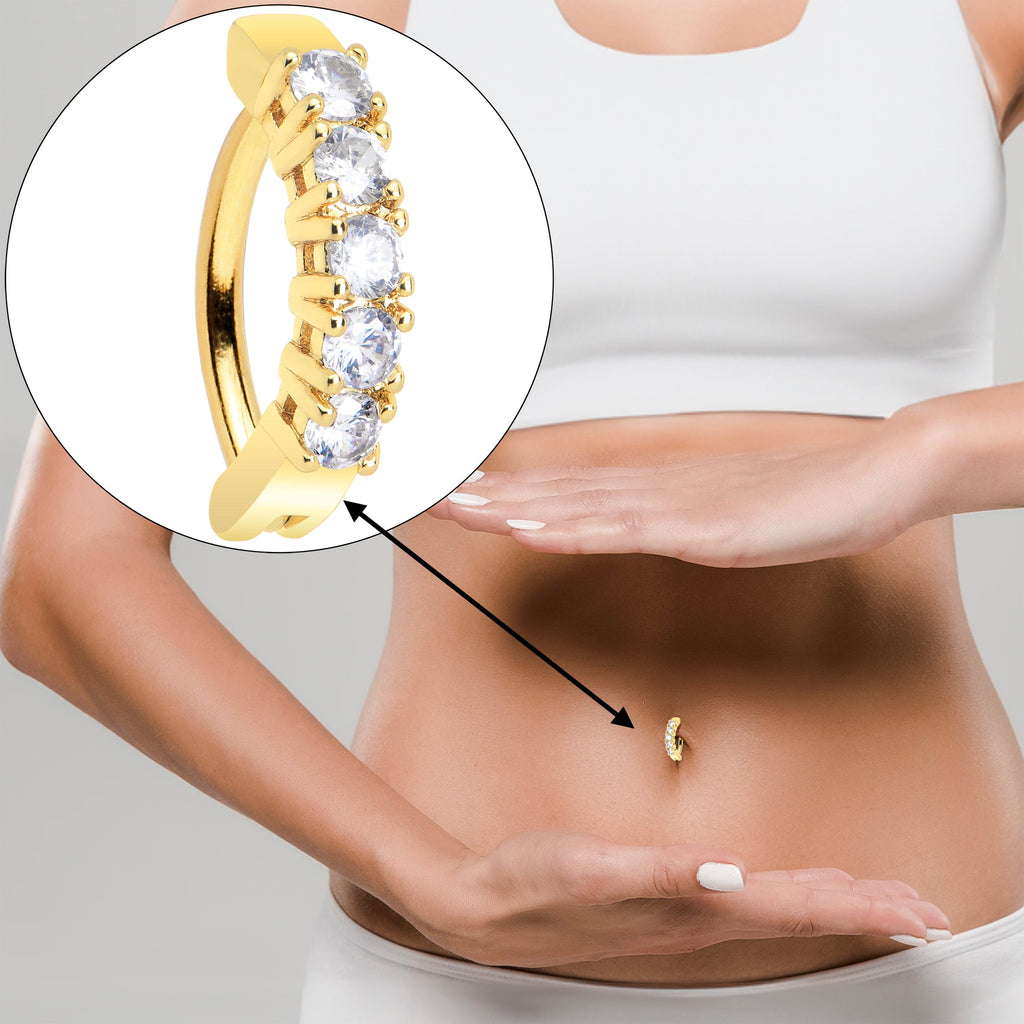 Clear CZ Gem Gold Tone Glamour Quintet Hinged Hoop Belly Ring